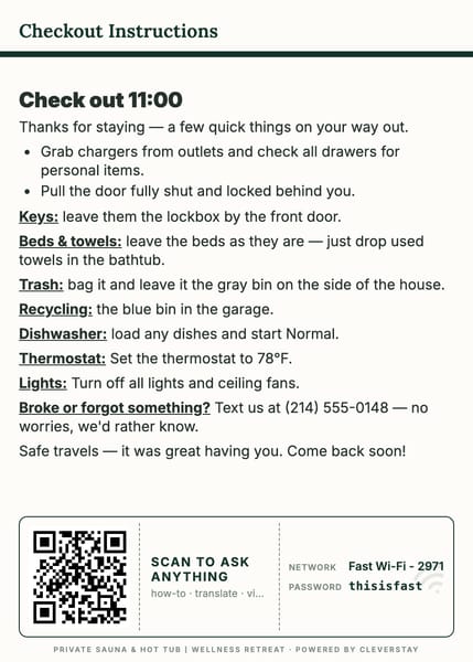 Checkout guide, printed as a 5×7 card