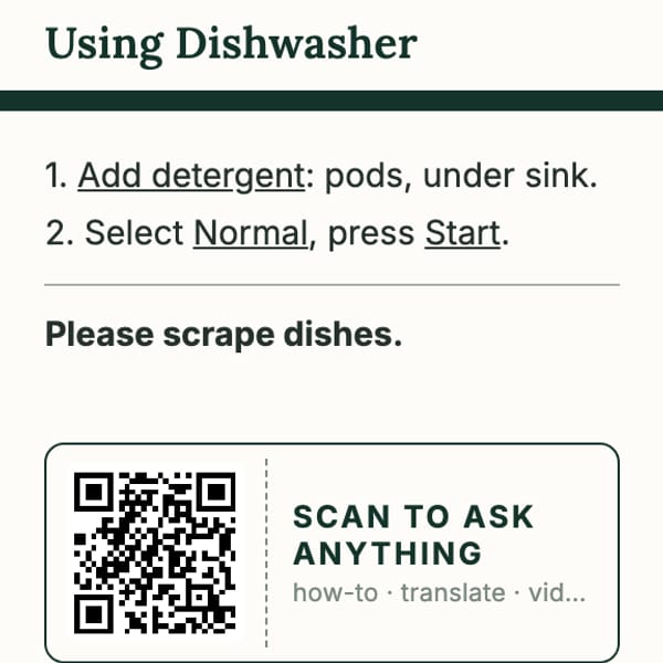 Using the dishwasher guide, printed as a 3×3 sticker