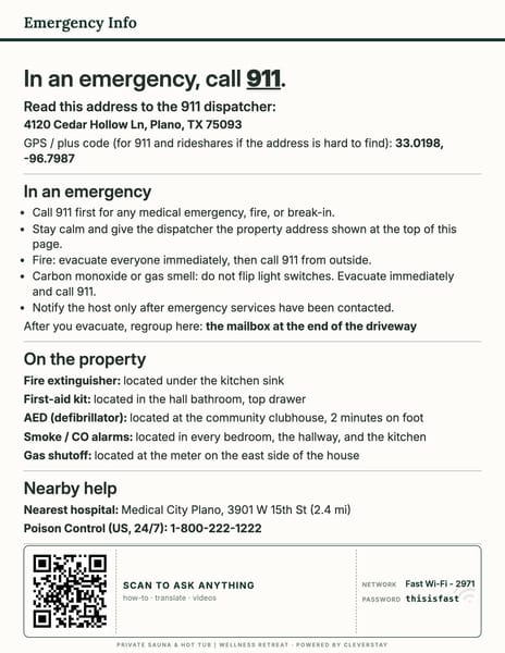 Emergency info guide, printed as a 8.5×11 page