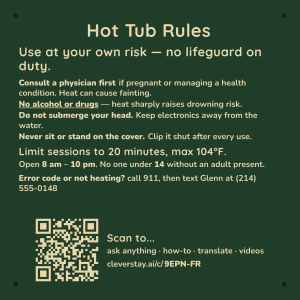 Hot tub rules guide, printed as a 12×12 outdoor sign