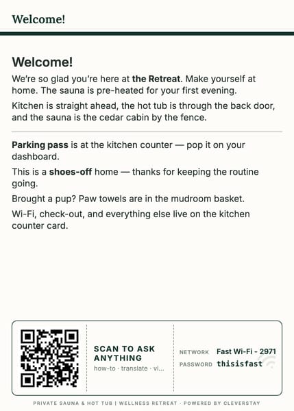 Welcome guide, printed as a 5×7 card